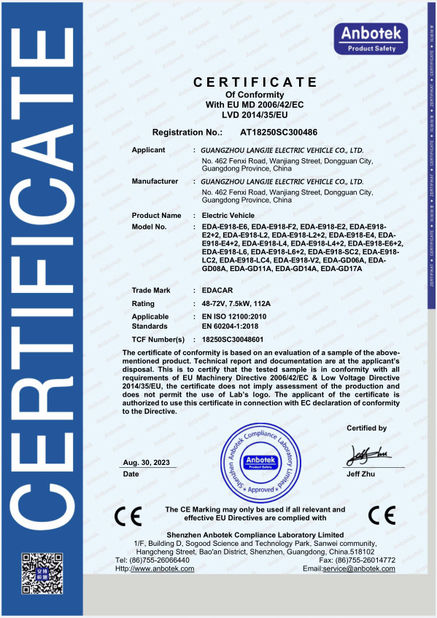 Китай Guangzhou Langjie Electric Vehicle Co., Ltd. Сертификаты