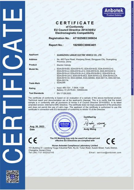Китай Guangzhou Langjie Electric Vehicle Co., Ltd. Сертификаты
